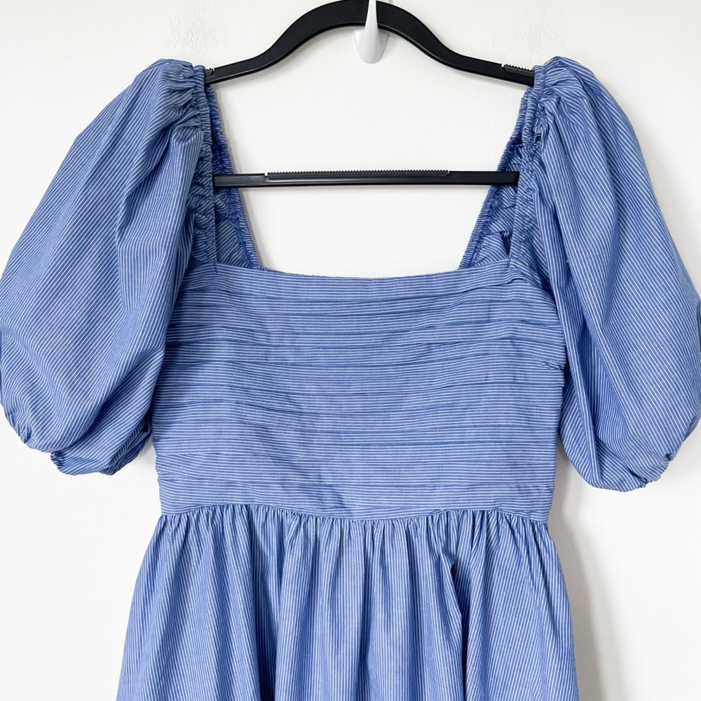 Abercrombie & Fitch Emerson Puff Sleeve Midi Dress Blue Pintstripe Womens Small - Picture 3 of 13
